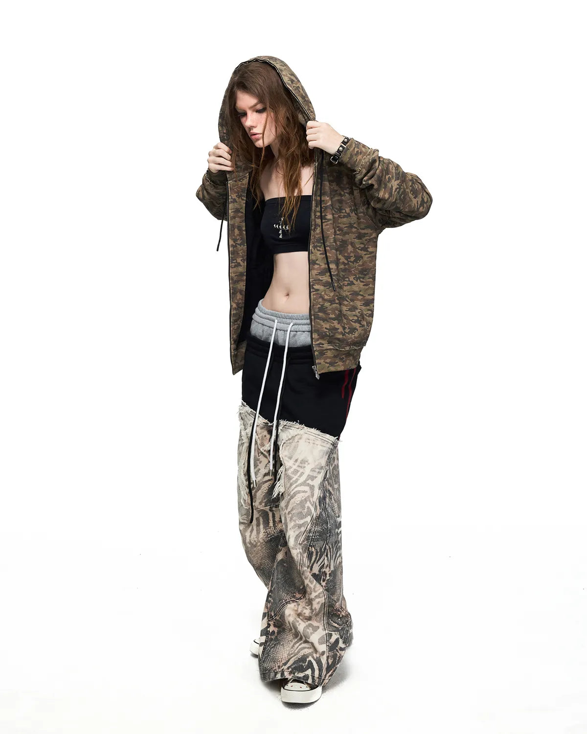Peoplesense Grey-Black Double-Waist Animal Print Pants