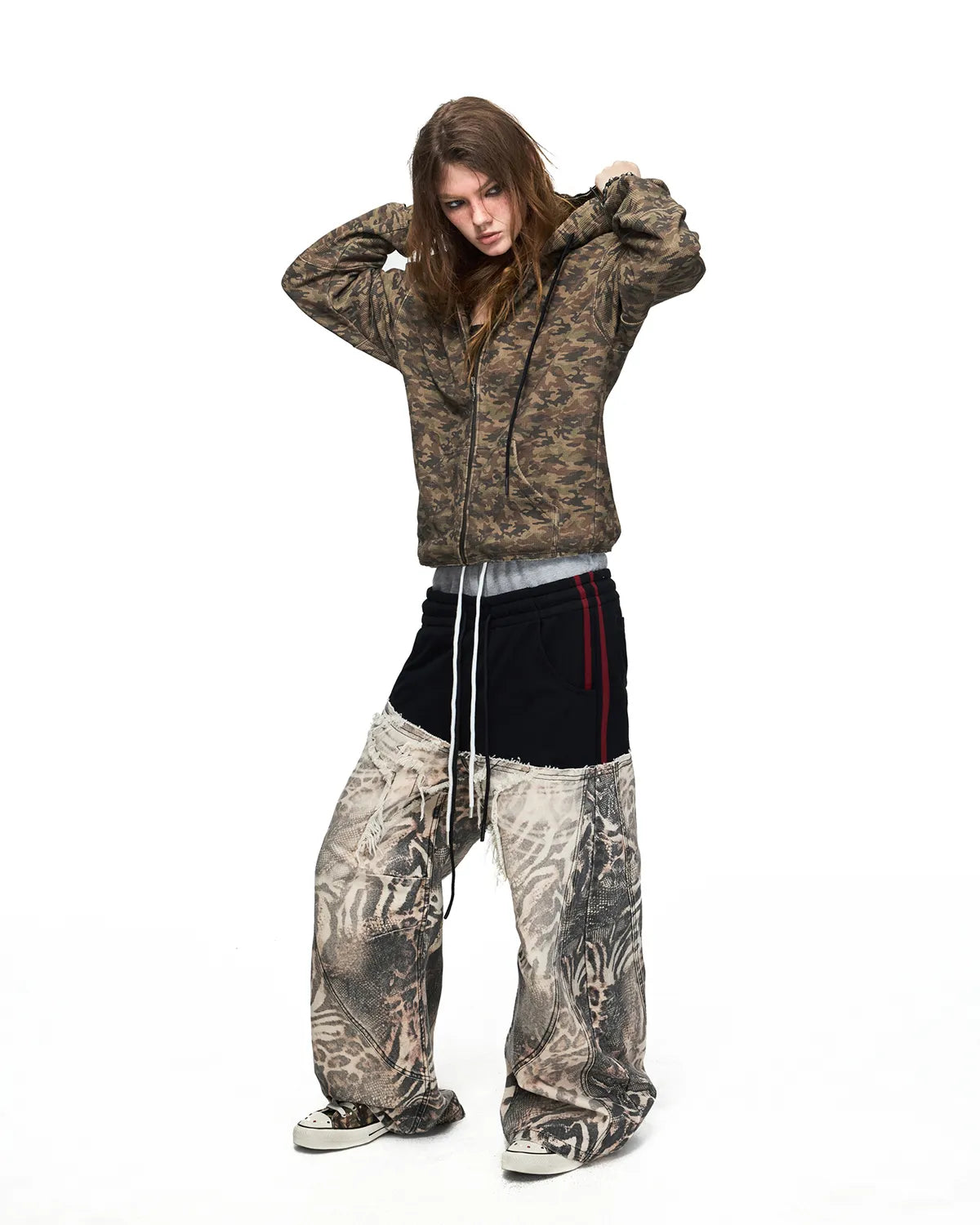 Peoplesense Grey-Black Double-Waist Animal Print Pants