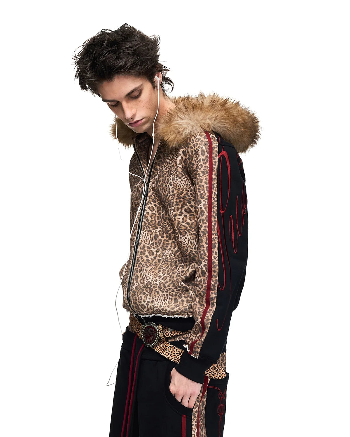 Peoplesense Leopard Faux-Fur Trim Cropped Zip-Up Hoodie