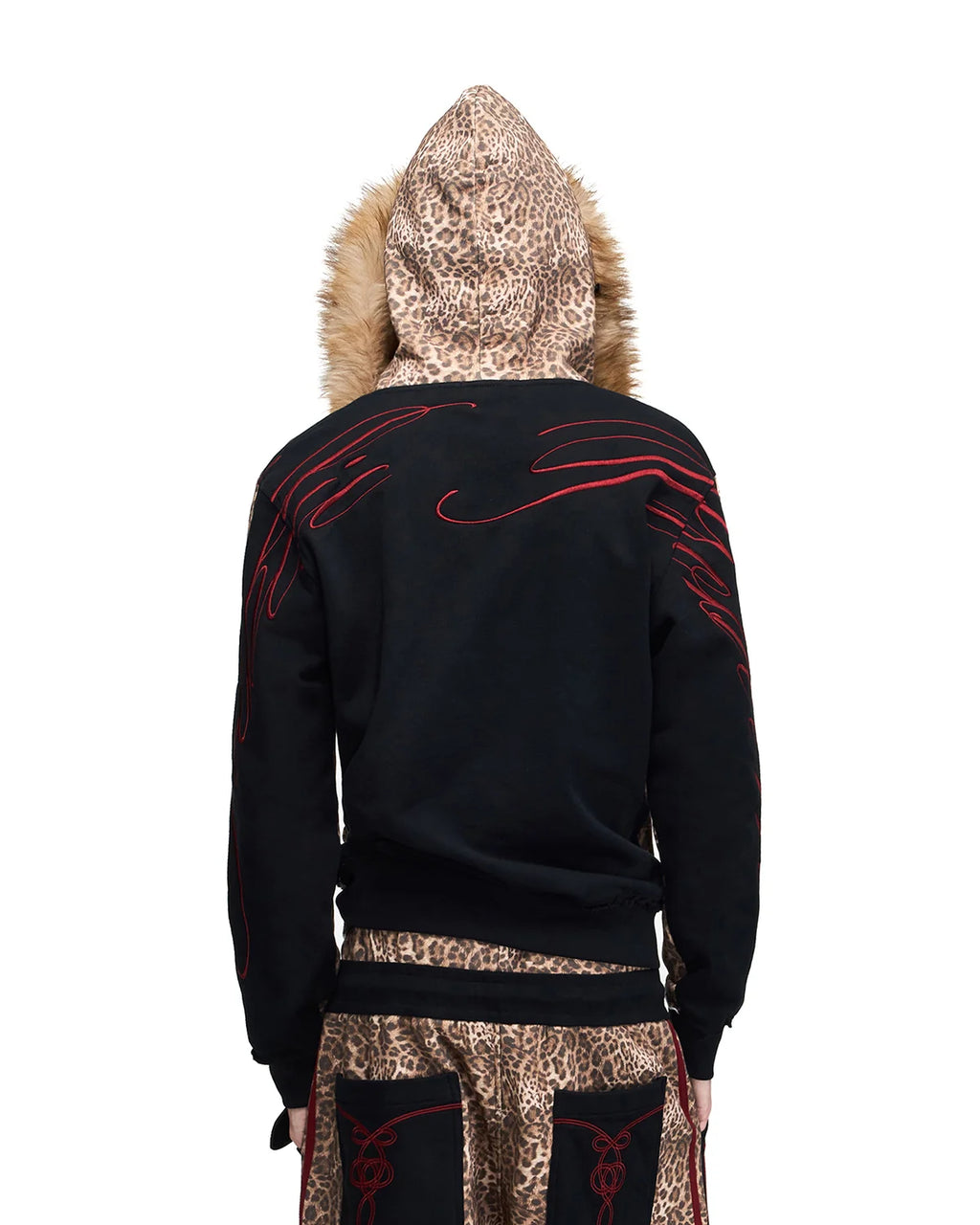 Peoplesense Leopard Faux-Fur Trim Cropped Zip-Up Hoodie