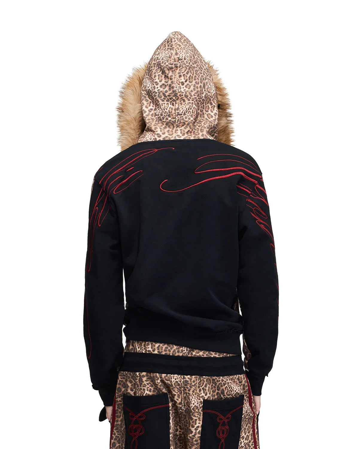 Peoplesense Leopard Faux-Fur Trim Cropped Zip-Up Hoodie