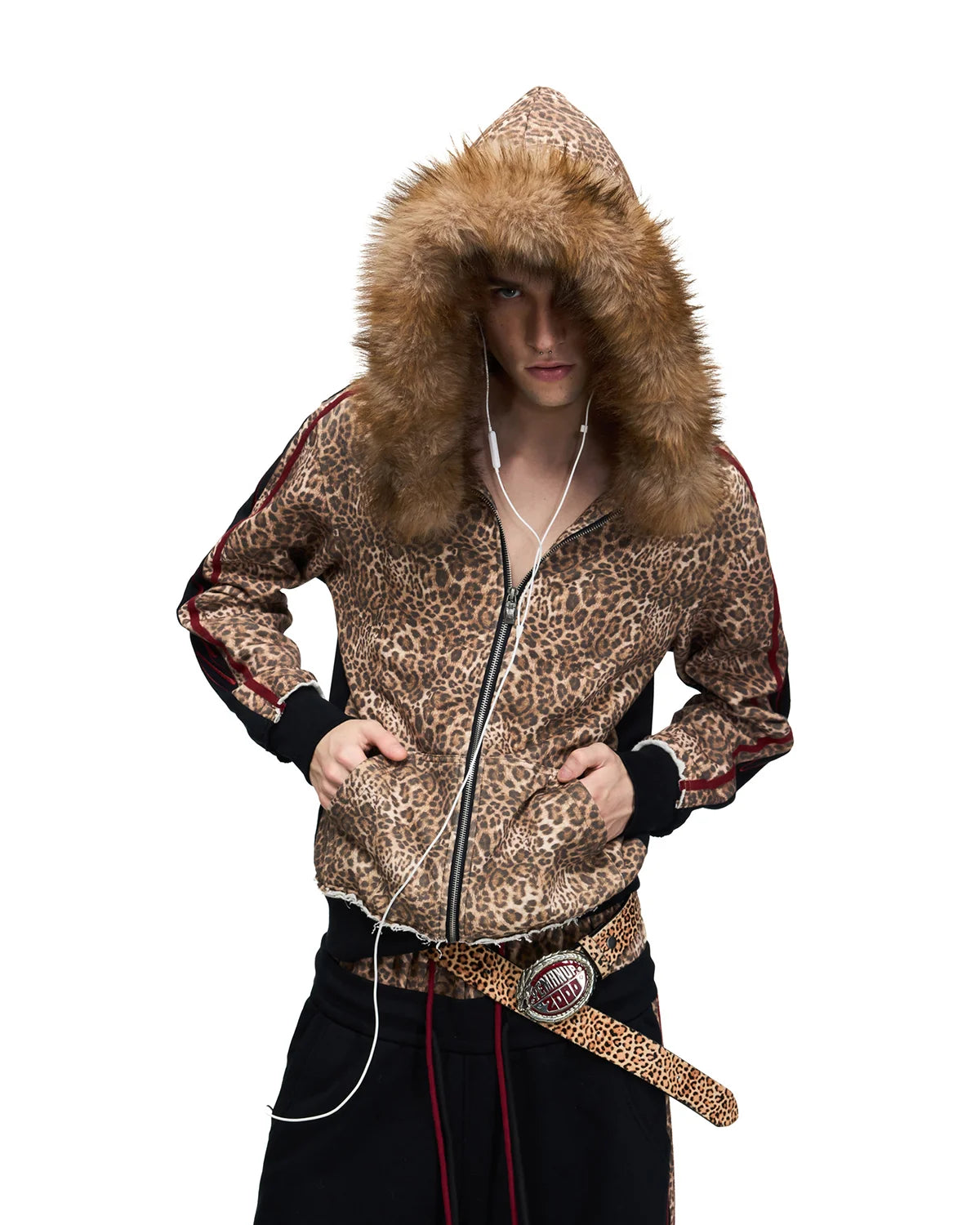 Peoplesense Leopard Faux-Fur Trim Cropped Zip-Up Hoodie