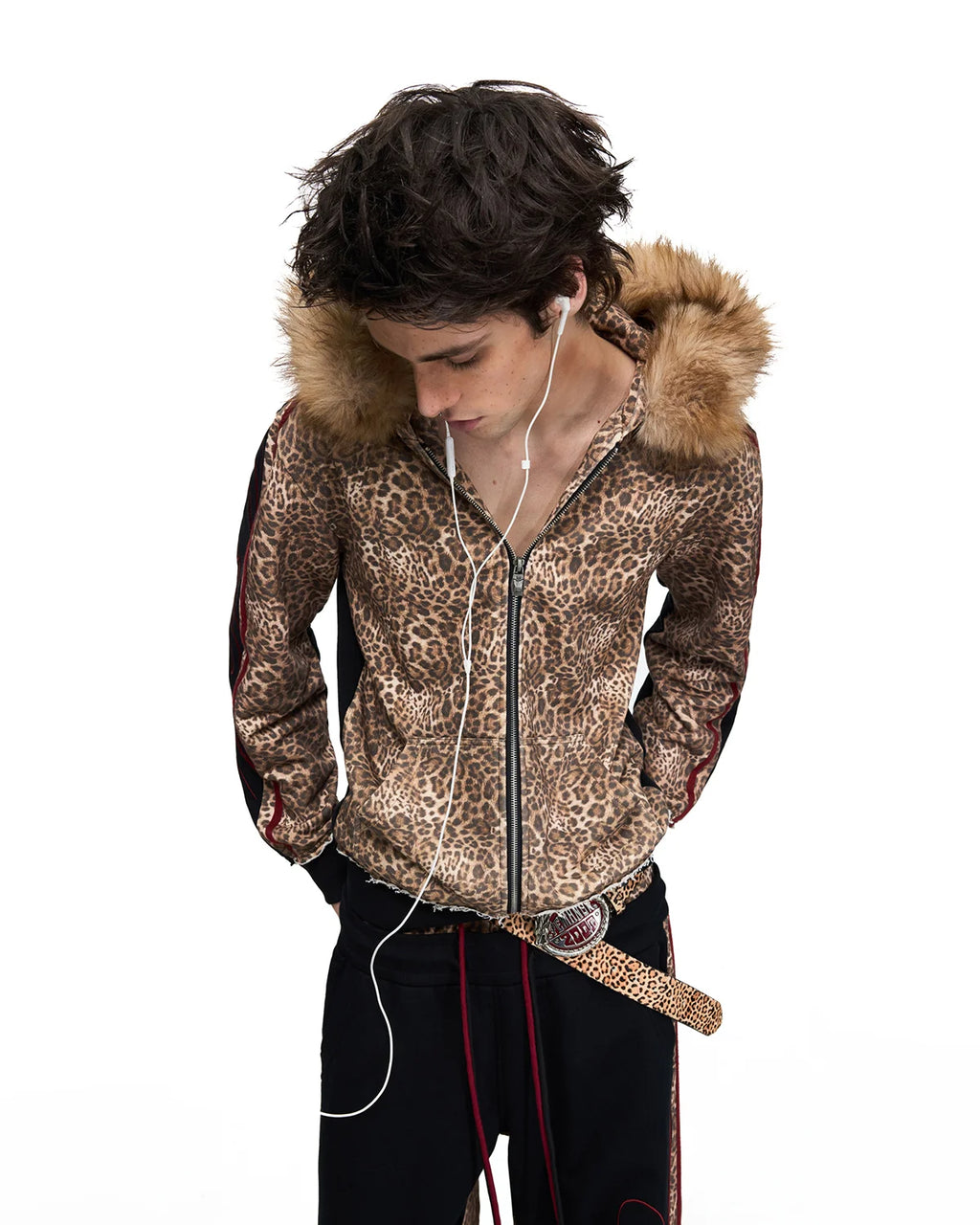 Peoplesense Leopard Faux-Fur Trim Cropped Zip-Up Hoodie
