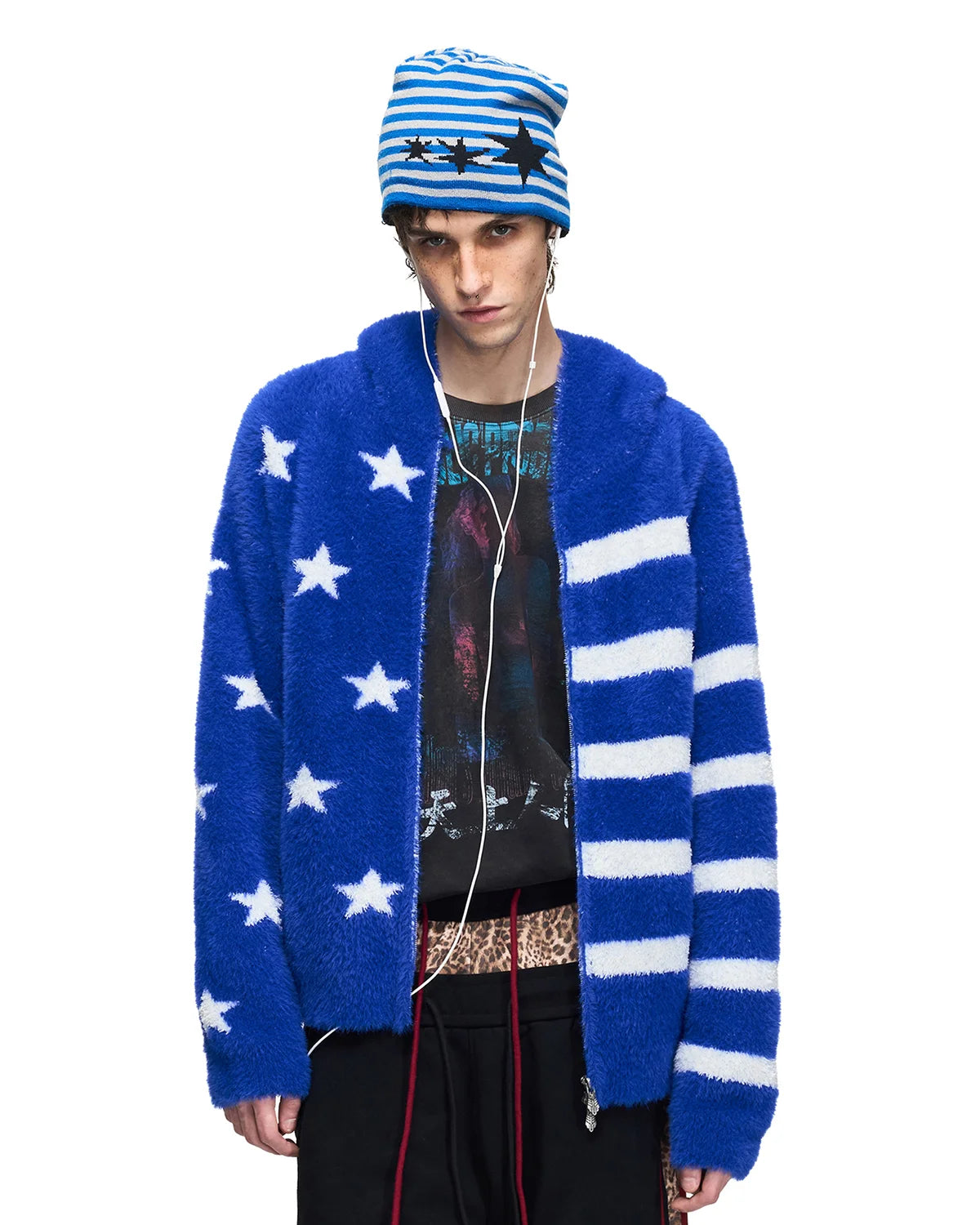 Peoplesense Star Jacquard Faux-Fur Knit Hooded Cardigan
