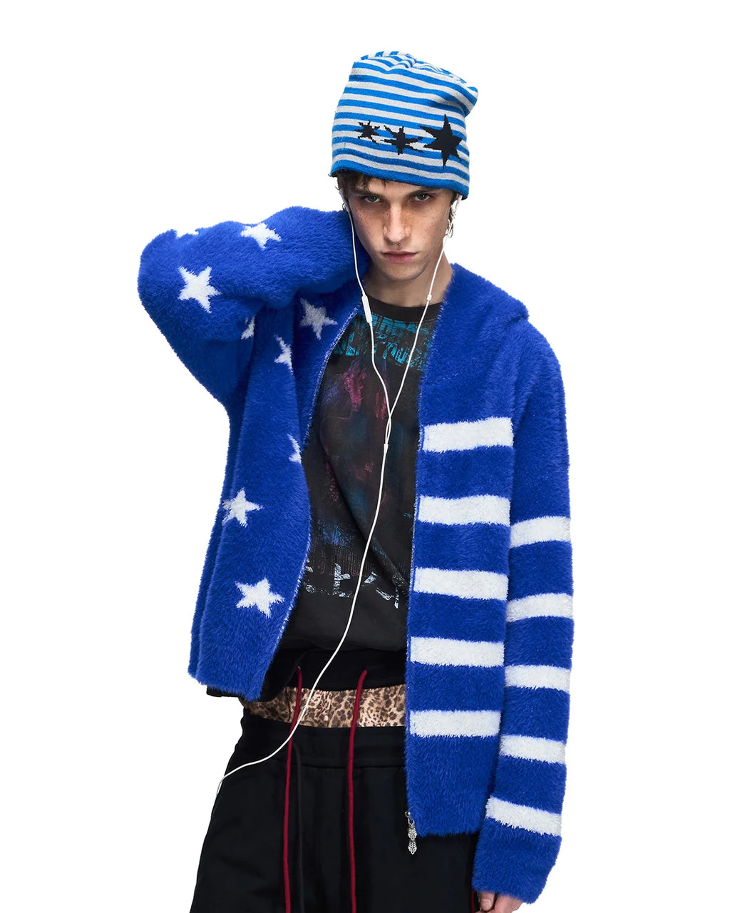 Peoplesense Star Jacquard Faux-Fur Knit Hooded Cardigan