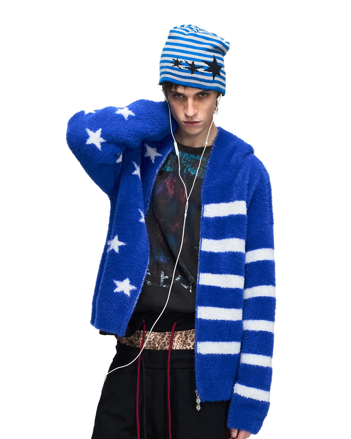 Peoplesense Star Jacquard Faux-Fur Knit Hooded Cardigan