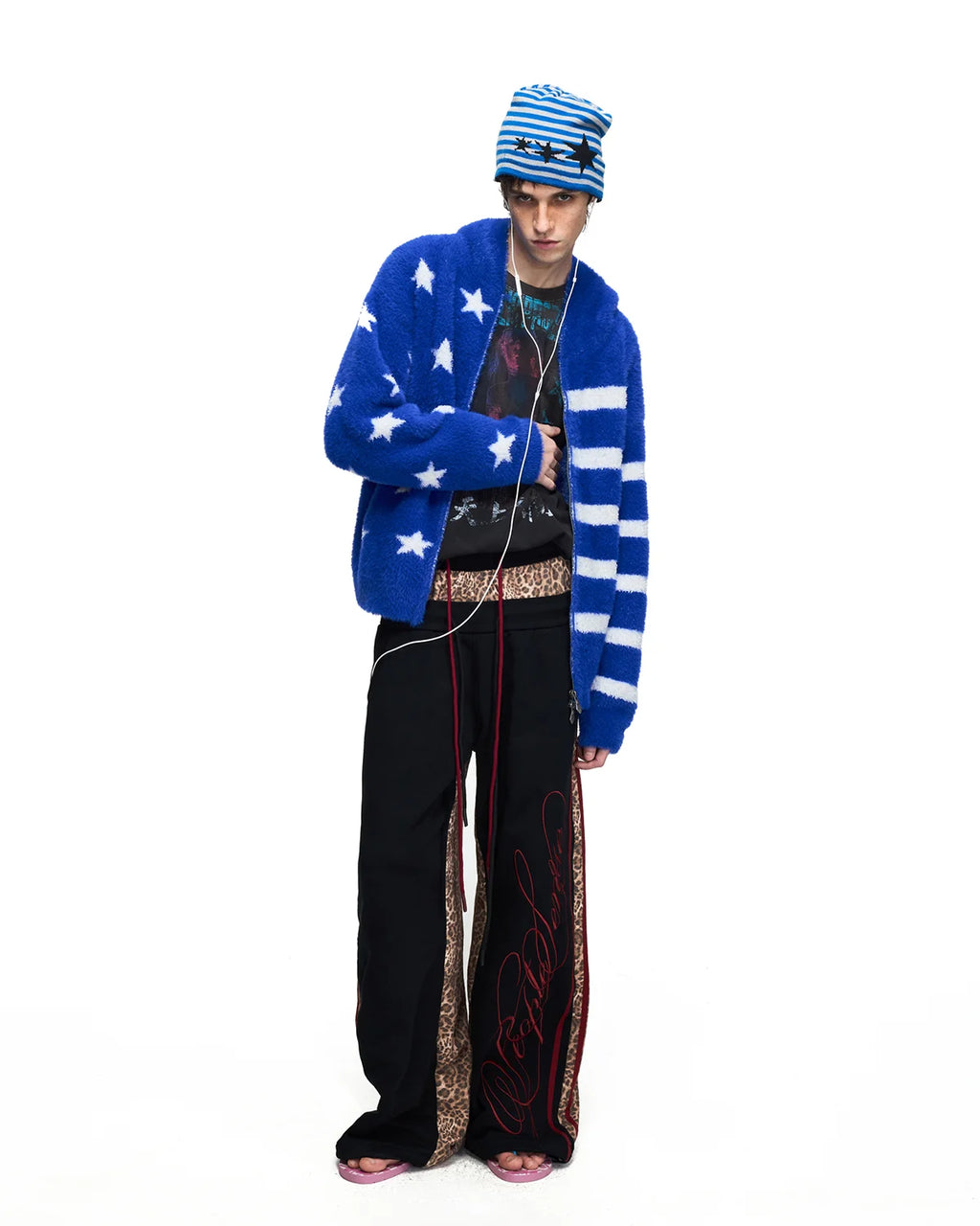 Peoplesense Star Jacquard Faux-Fur Knit Hooded Cardigan