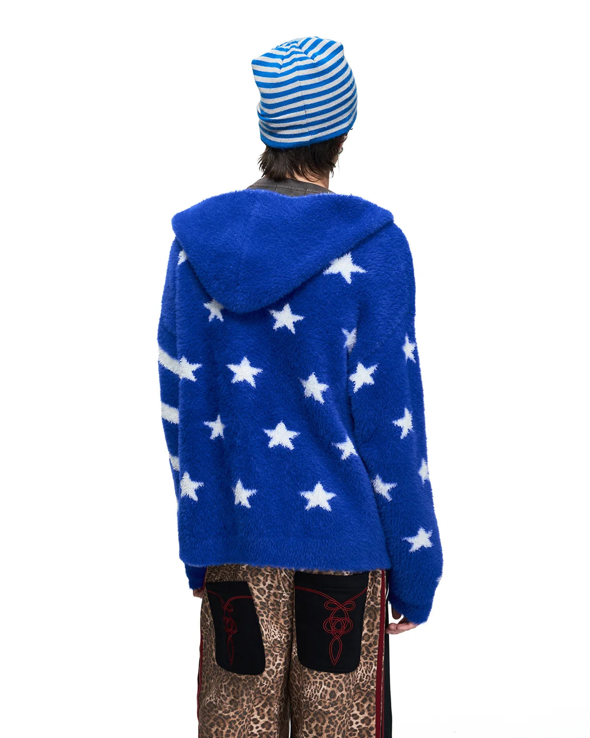 Peoplesense Star Jacquard Faux-Fur Knit Hooded Cardigan
