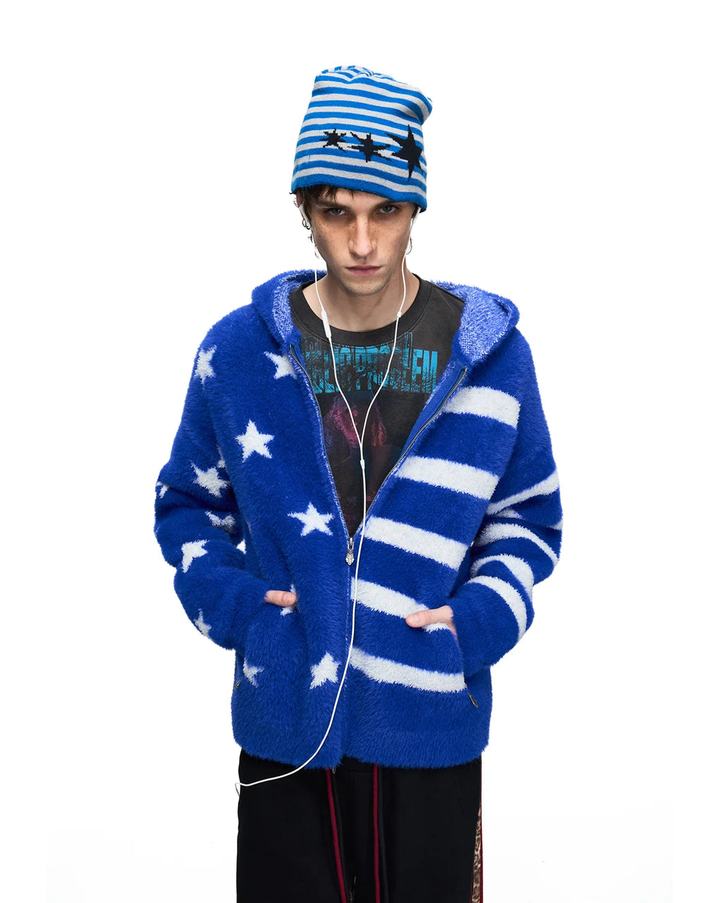 Peoplesense Star Jacquard Faux-Fur Knit Hooded Cardigan