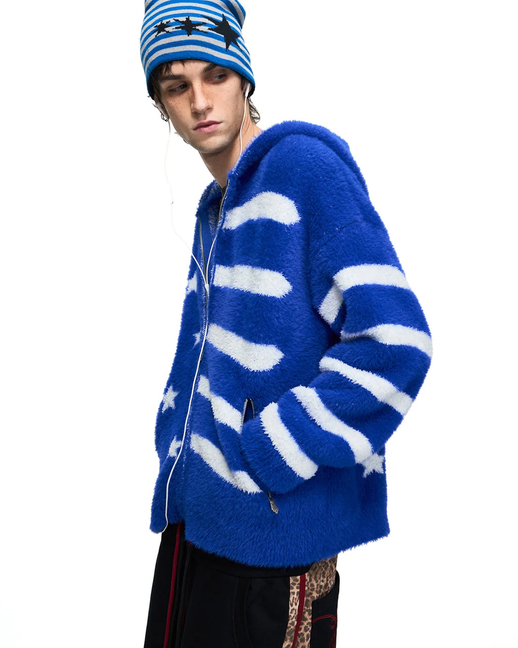Peoplesense Star Jacquard Faux-Fur Knit Hooded Cardigan