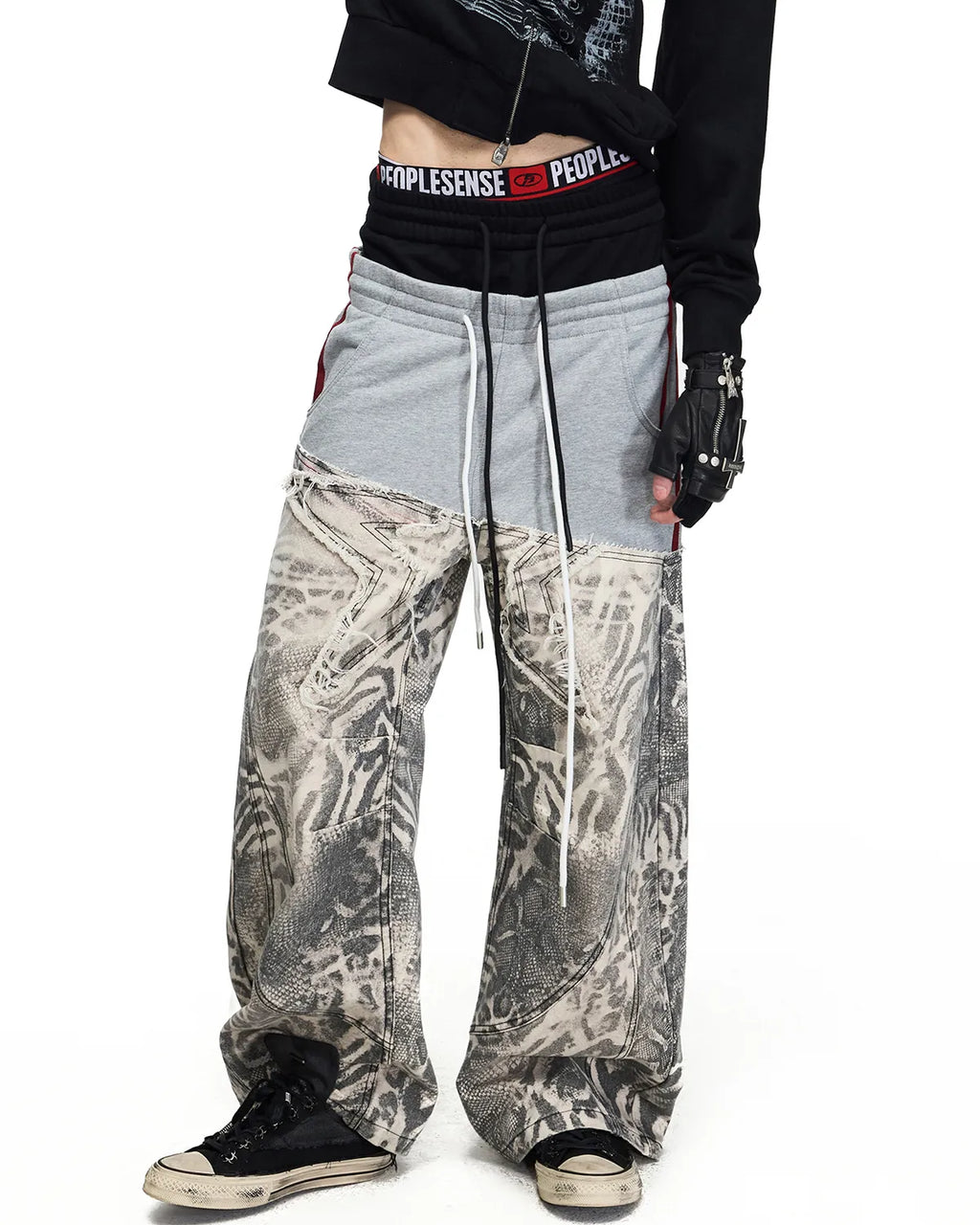 Peoplesense Black-Grey Double-Waist Animal Print Pants