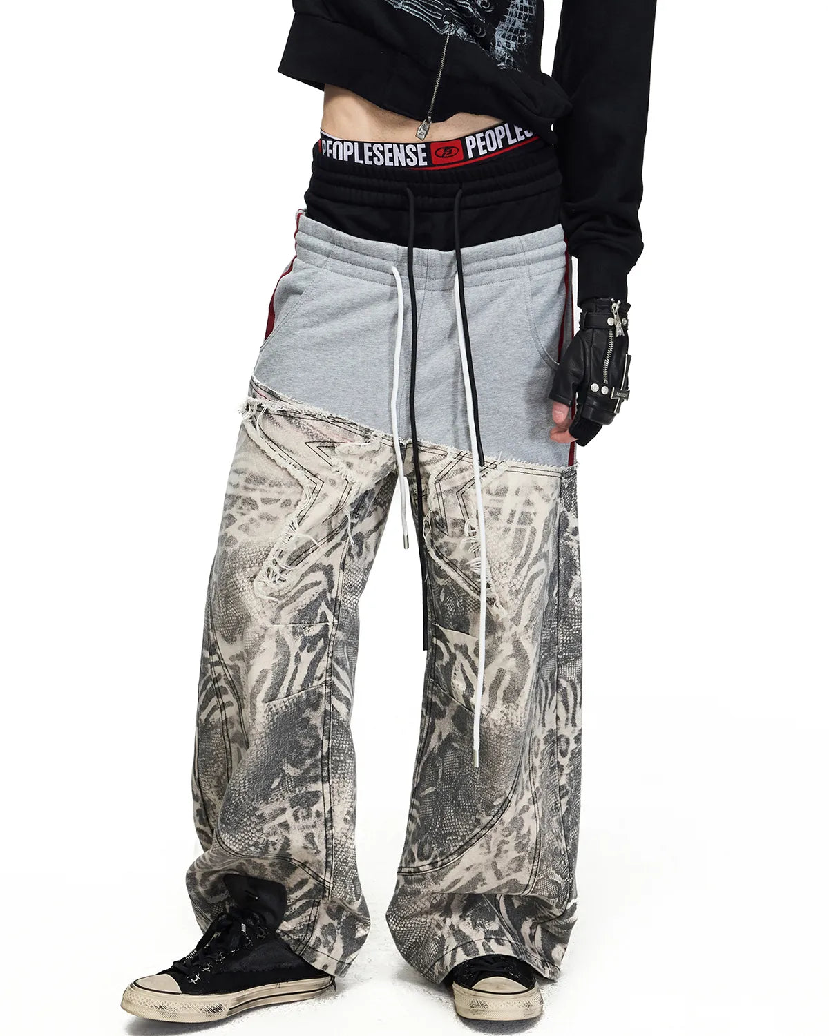 Peoplesense Black-Grey Double-Waist Animal Print Pants