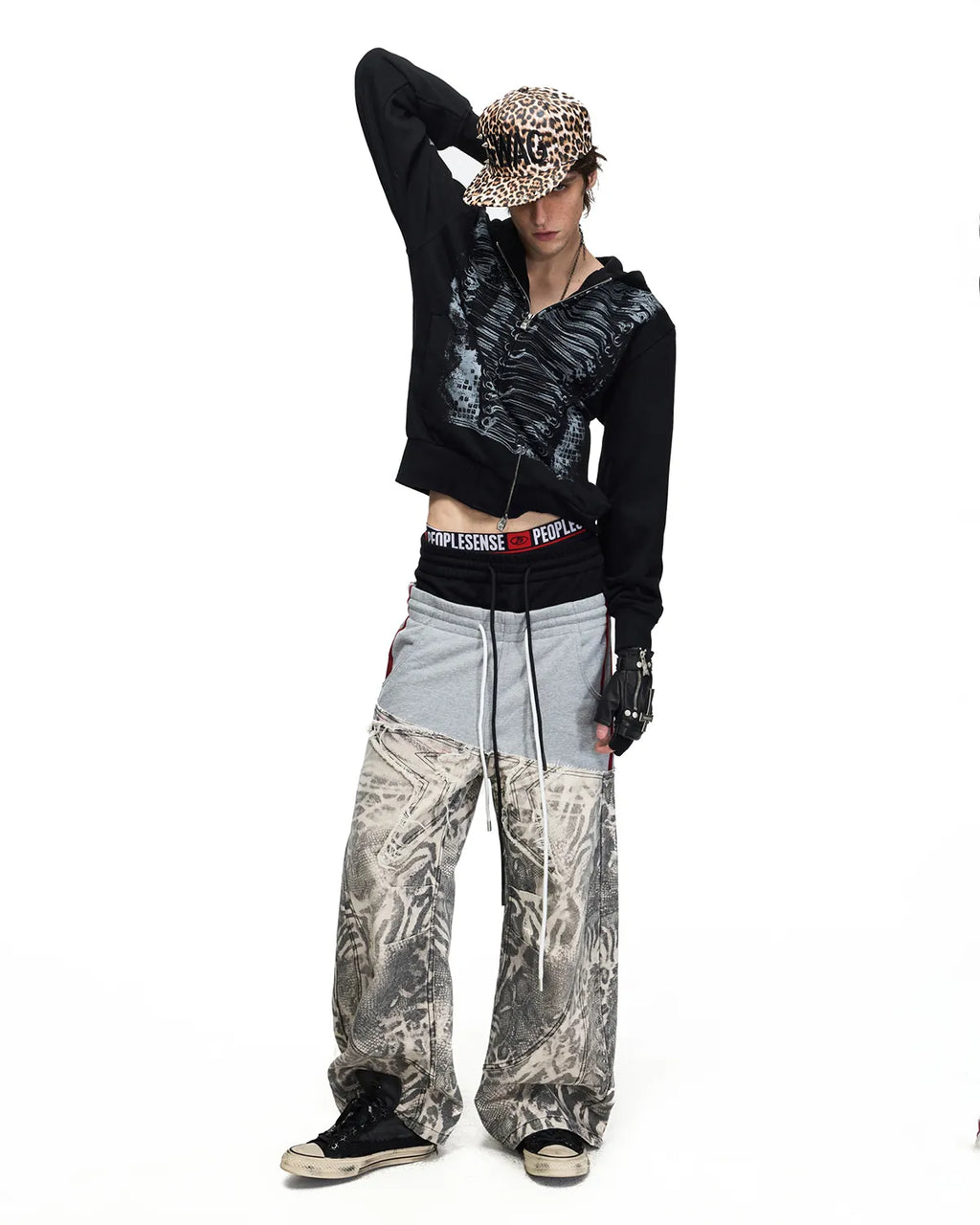 Peoplesense Black-Grey Double-Waist Animal Print Pants