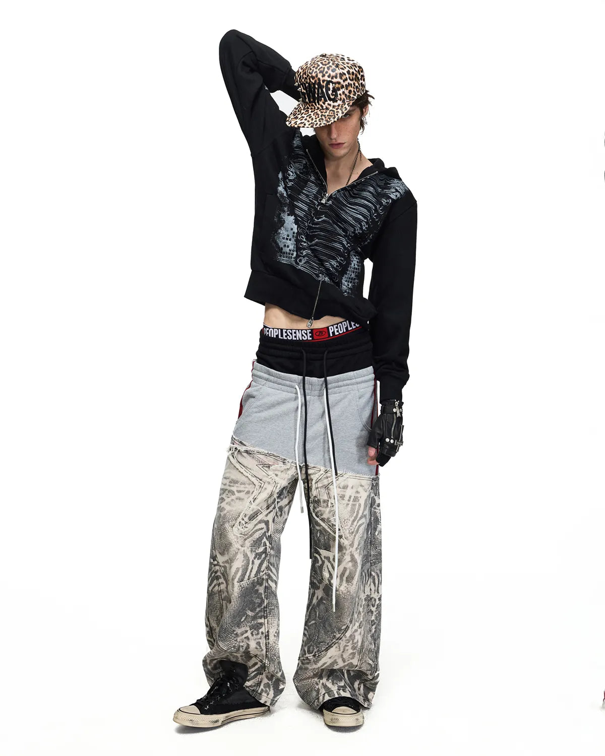 Peoplesense Black-Grey Double-Waist Animal Print Pants