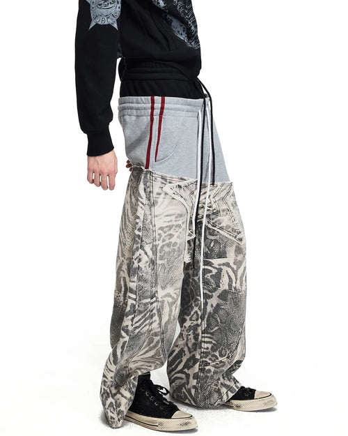 Peoplesense Black-Grey Double-Waist Animal Print Pants