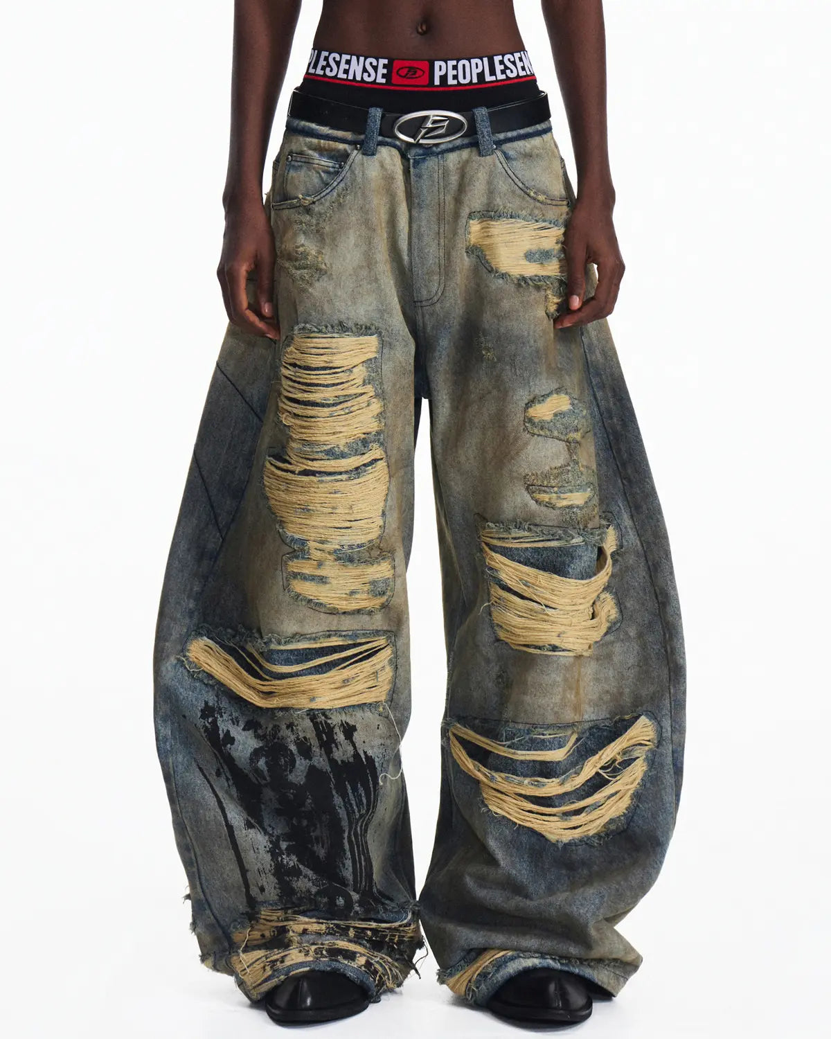 Peoplesense Racing Drift Print Distressed Curved Jeans
