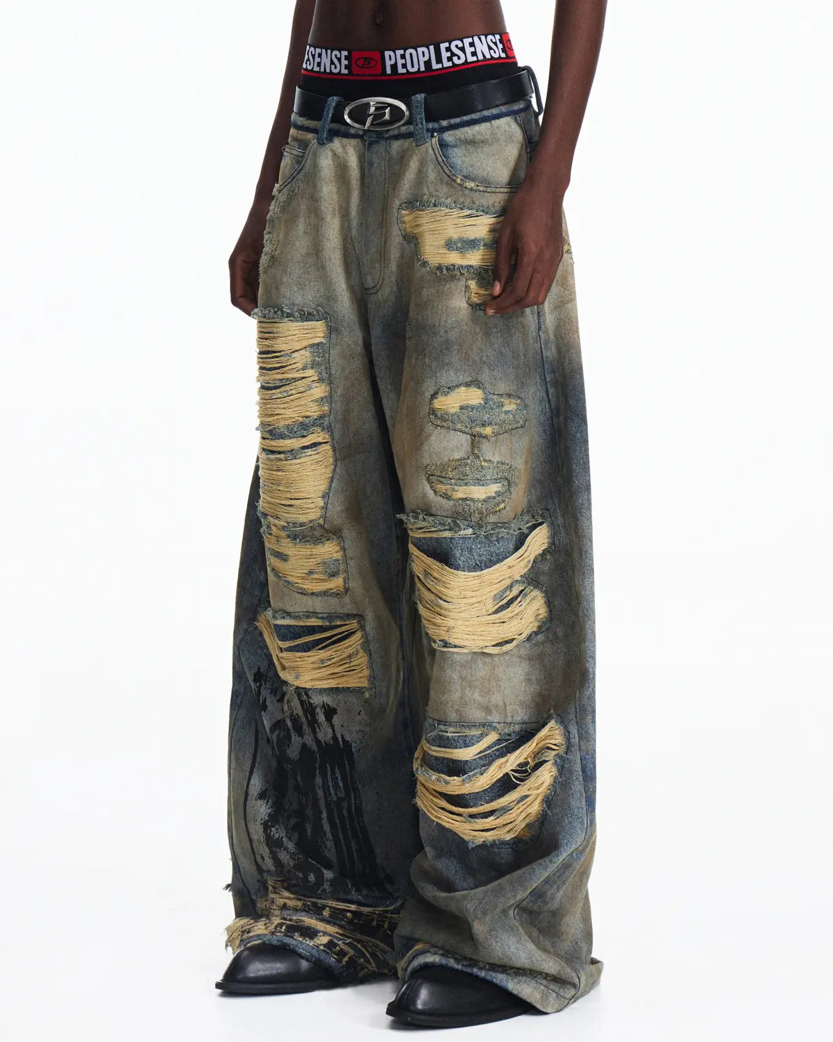 Peoplesense Racing Drift Print Distressed Curved Jeans
