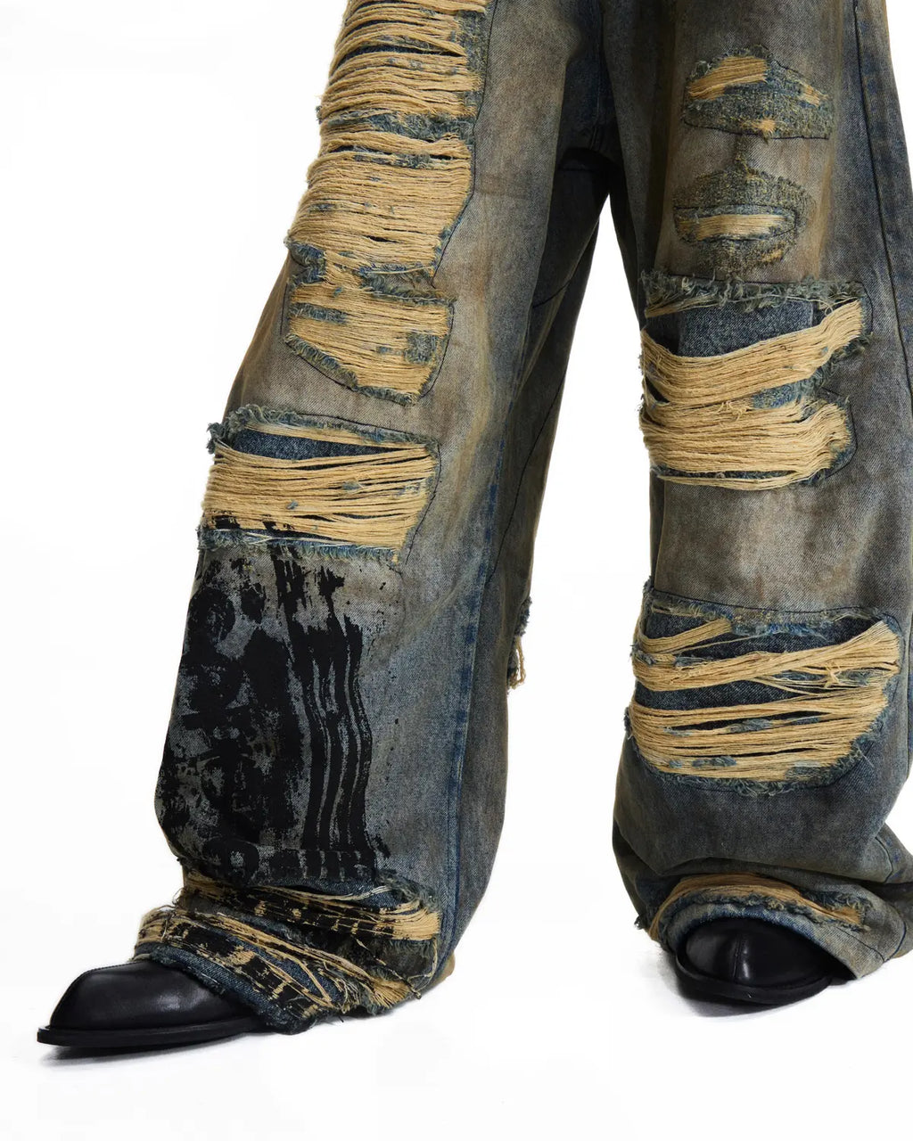 Peoplesense Racing Drift Print Distressed Curved Jeans