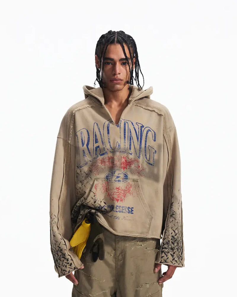 Peoplesense Distressed Vintage Racing Print Hoodie