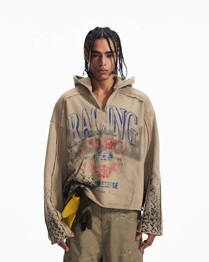 Peoplesense Distressed Vintage Racing Print Hoodie