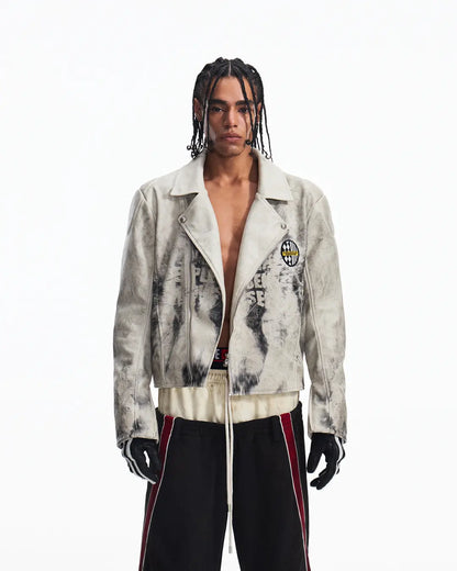 Peoplesense Short Printed Biker Leather Jacket