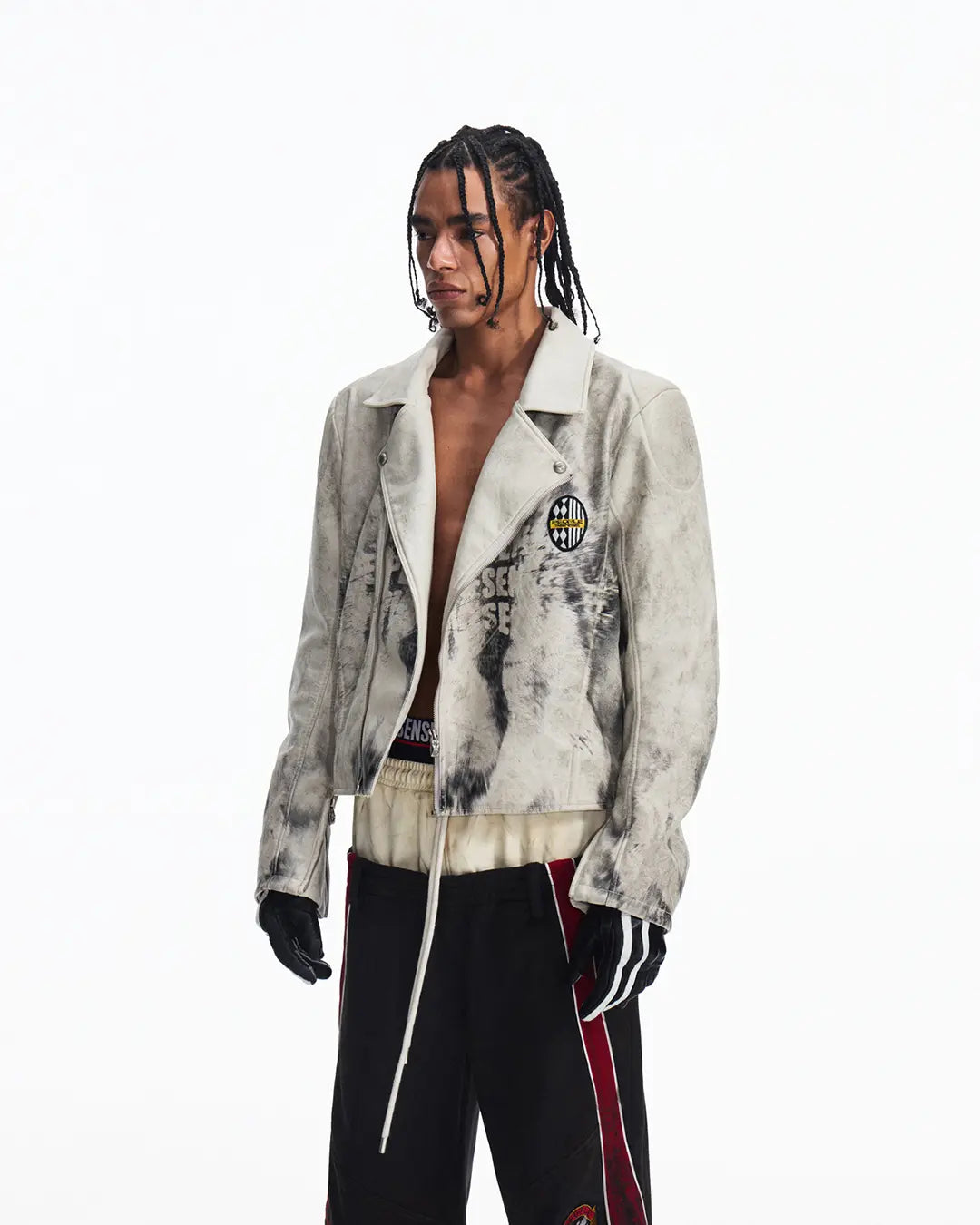 Peoplesense Short Printed Biker Leather Jacket