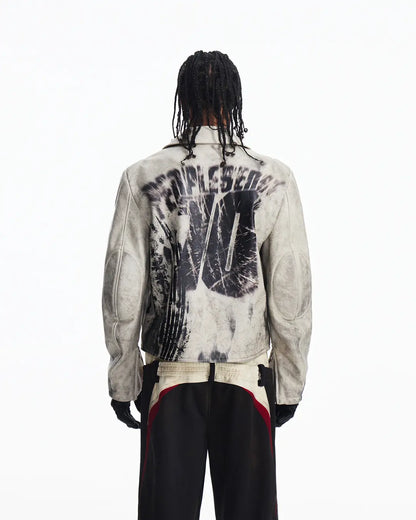 Peoplesense Short Printed Biker Leather Jacket