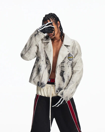 Peoplesense Short Printed Biker Leather Jacket