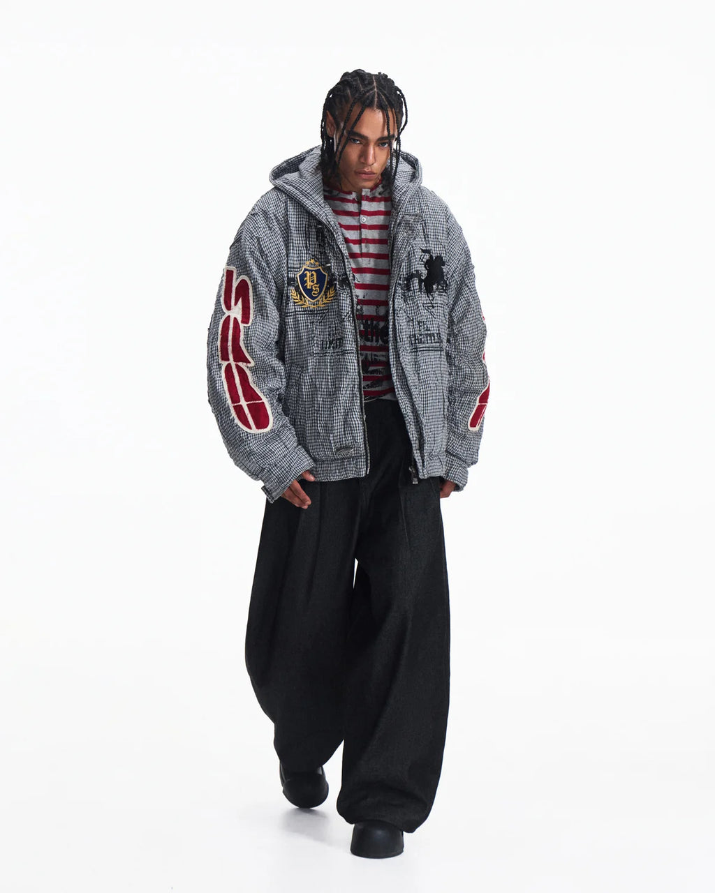 Peoplesense Hooded Plaid Texture Racer Jacket