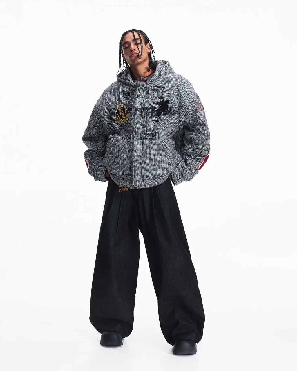 Peoplesense Hooded Plaid Texture Racer Jacket