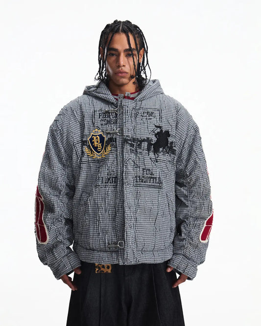 Peoplesense Hooded Plaid Texture Racer Jacket