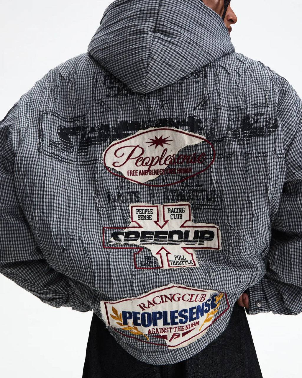 Peoplesense Hooded Plaid Texture Racer Jacket