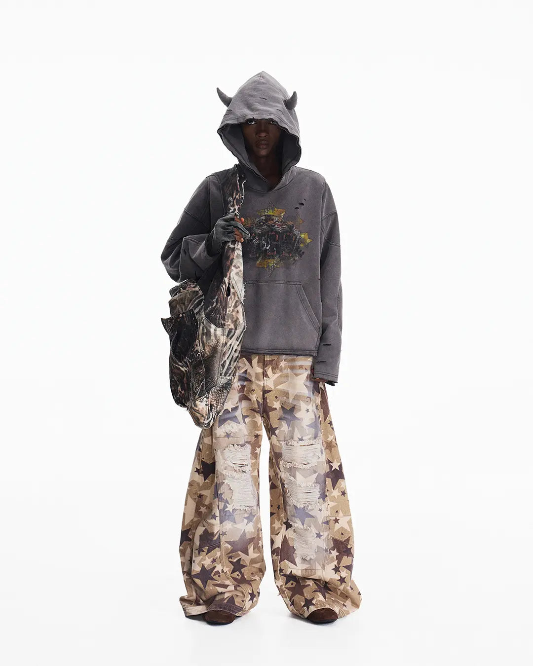 Peoplesense Tiger Print Distressed Hoodie