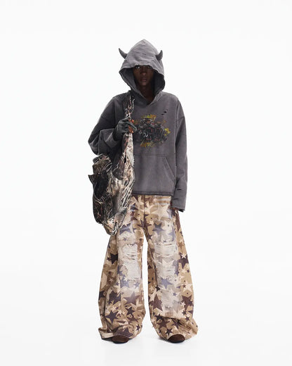 Peoplesense Tiger Print Distressed Hoodie