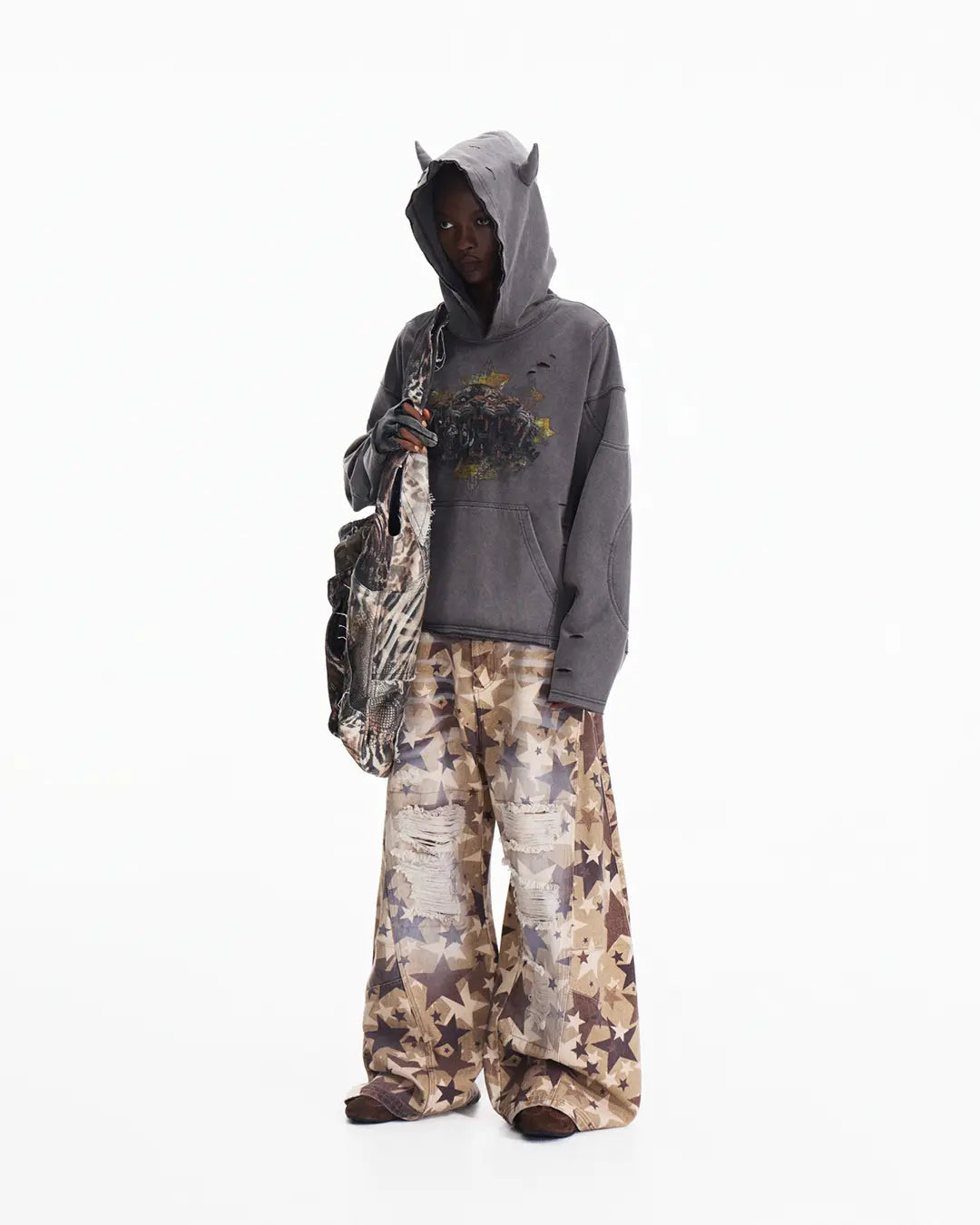 Peoplesense Tiger Print Distressed Hoodie