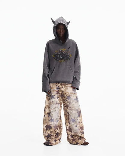 Peoplesense Tiger Print Distressed Hoodie