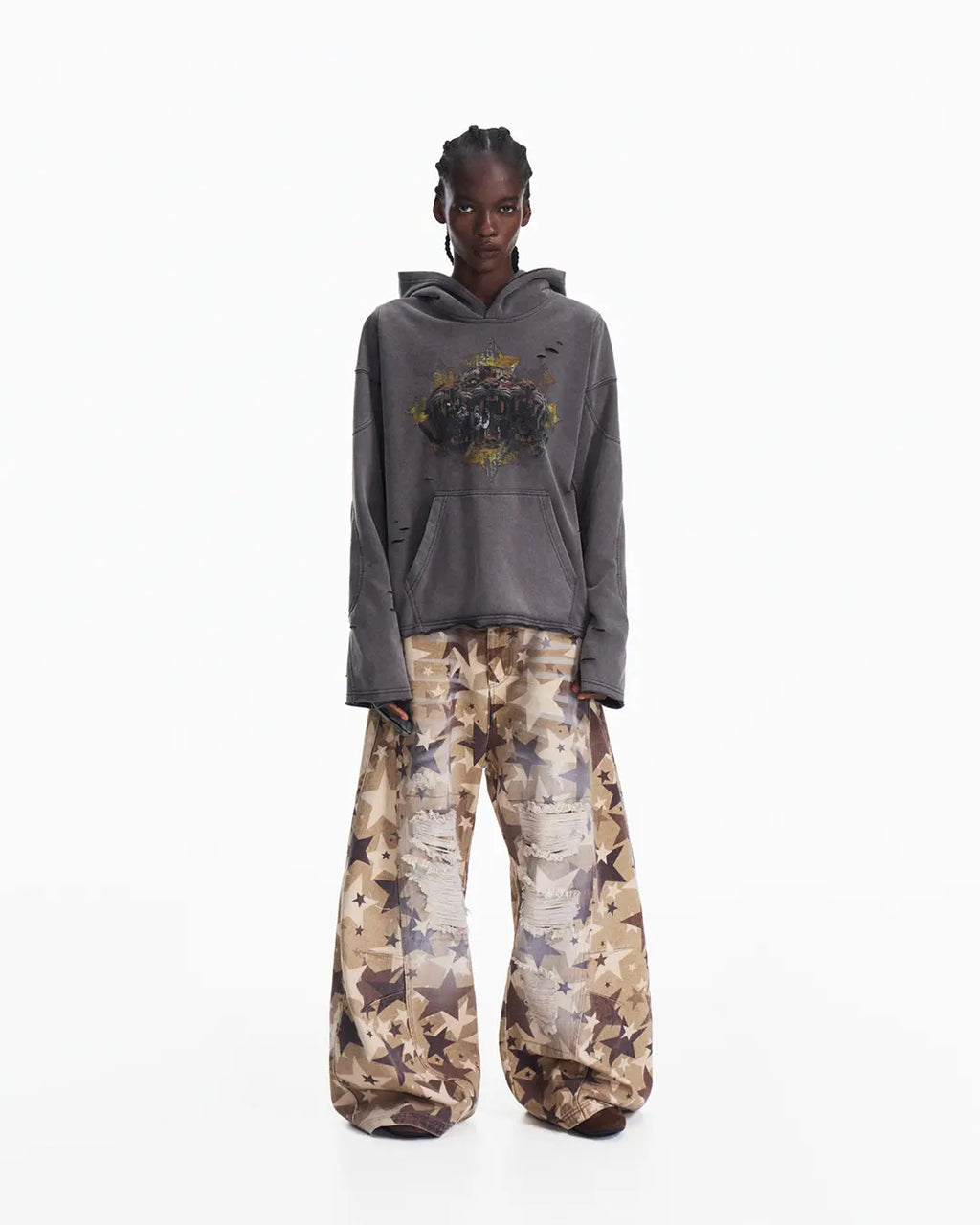Peoplesense Tiger Print Distressed Hoodie