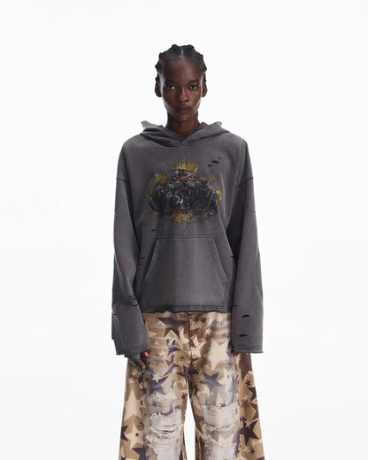 Peoplesense Tiger Print Distressed Hoodie