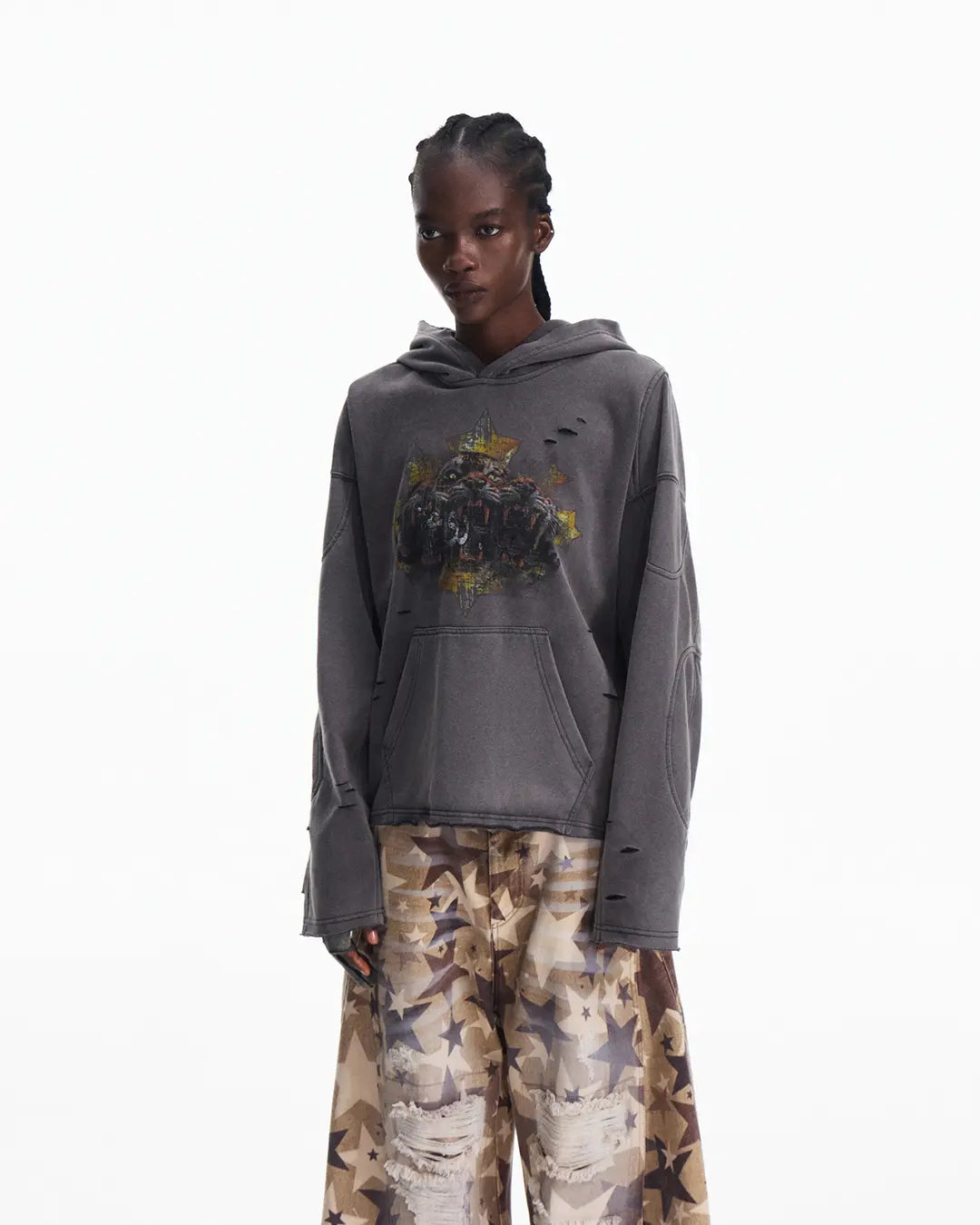 Peoplesense Tiger Print Distressed Hoodie