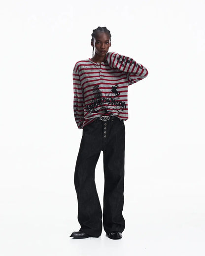 Peoplesense Vintage Red and Gray Striped Knit Top