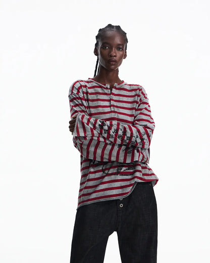 Peoplesense Vintage Red and Gray Striped Knit Top