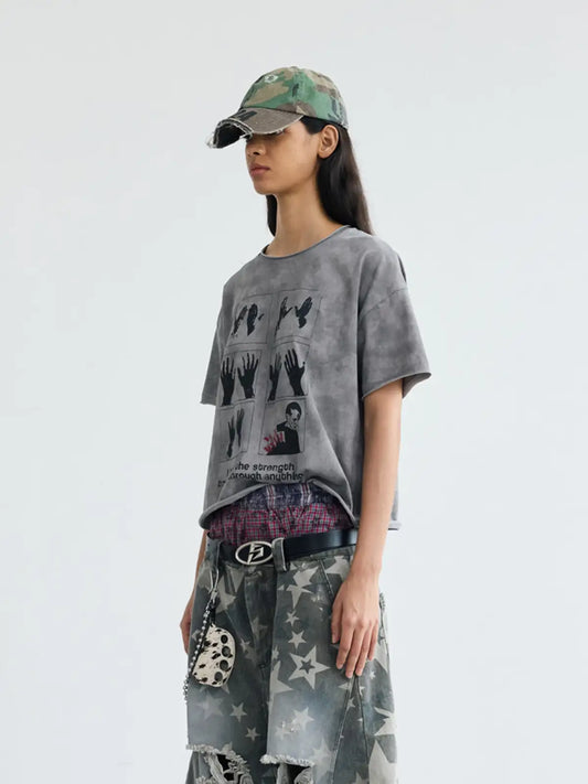 Peoplesense Cropped Hem Graphic Grey Tee