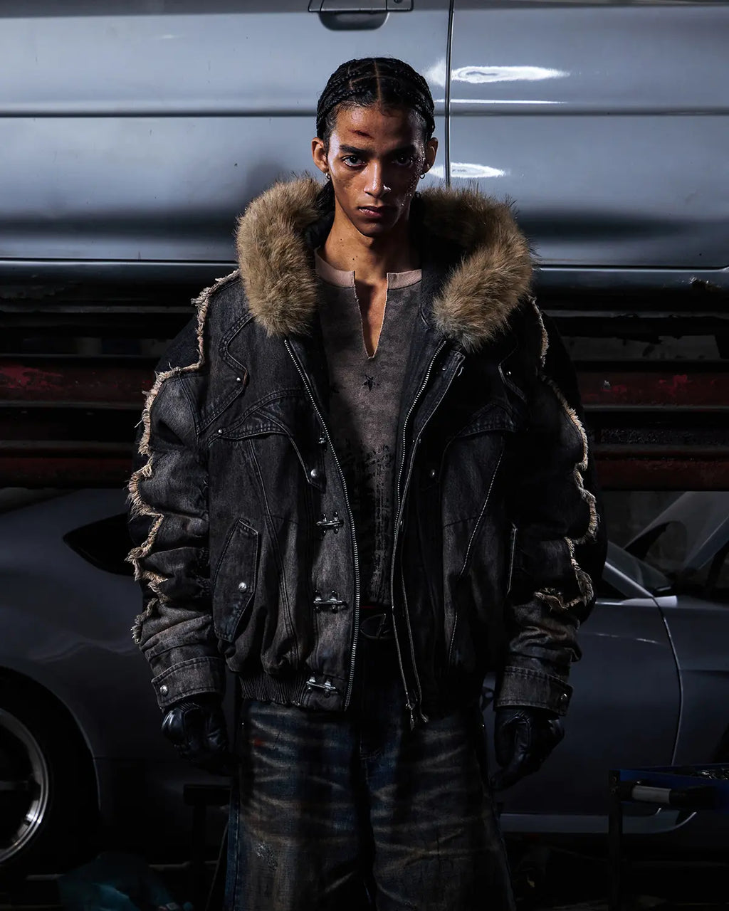 Peoplesense Fur-Trim Hood Racing Denim Jacket