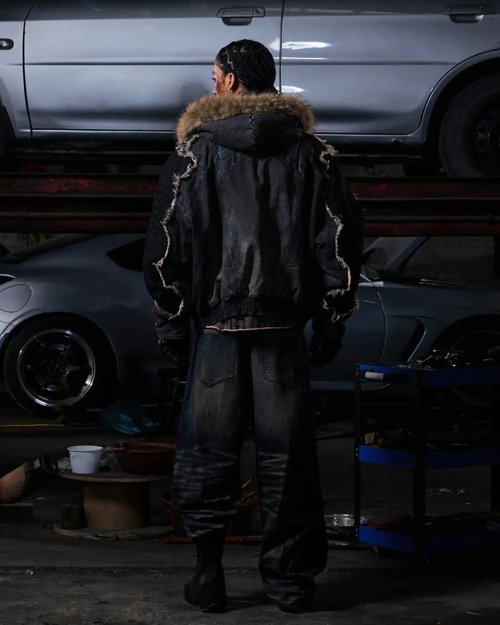Peoplesense Fur-Trim Hood Racing Denim Jacket