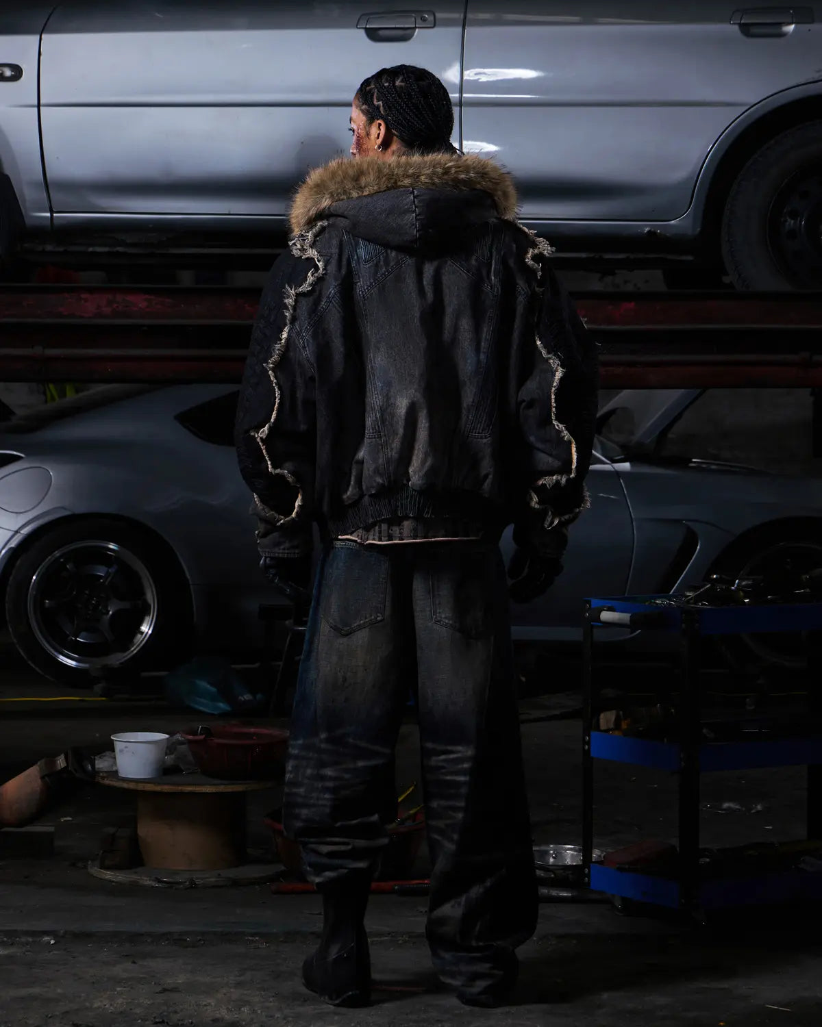 Peoplesense Fur-Trim Hood Racing Denim Jacket