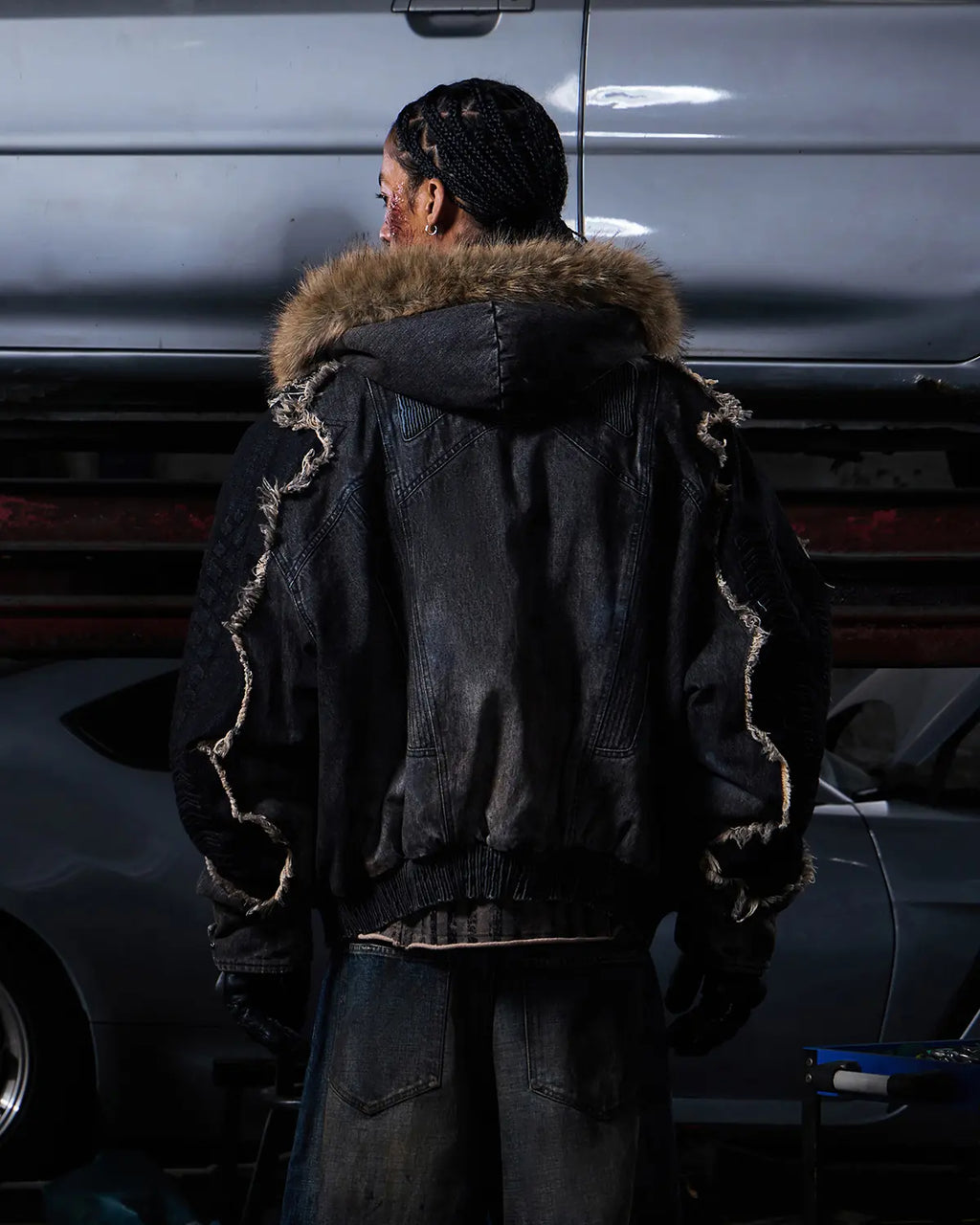 Peoplesense Fur-Trim Hood Racing Denim Jacket