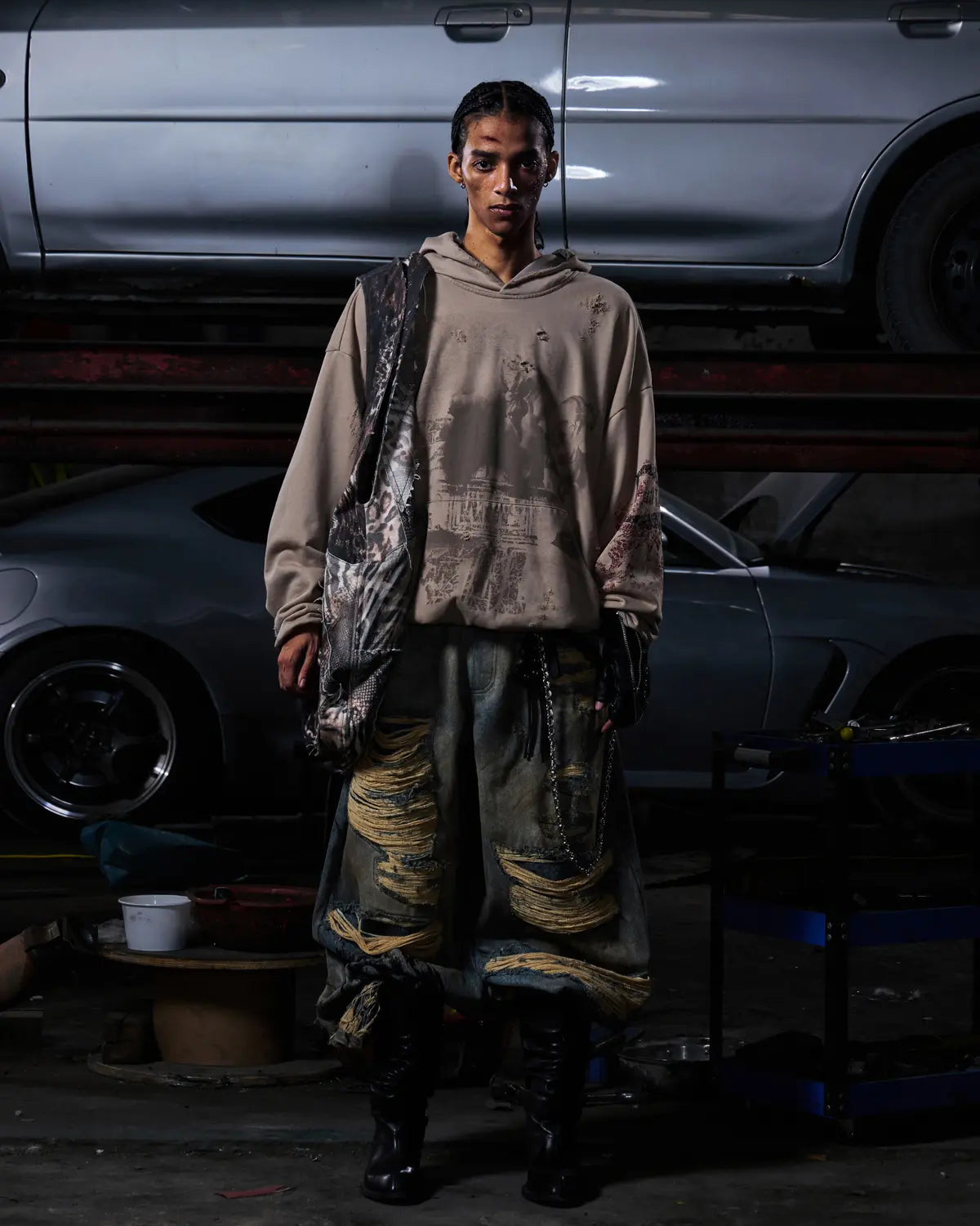 Peoplesense Racing Drift Print Distressed Curved Jeans