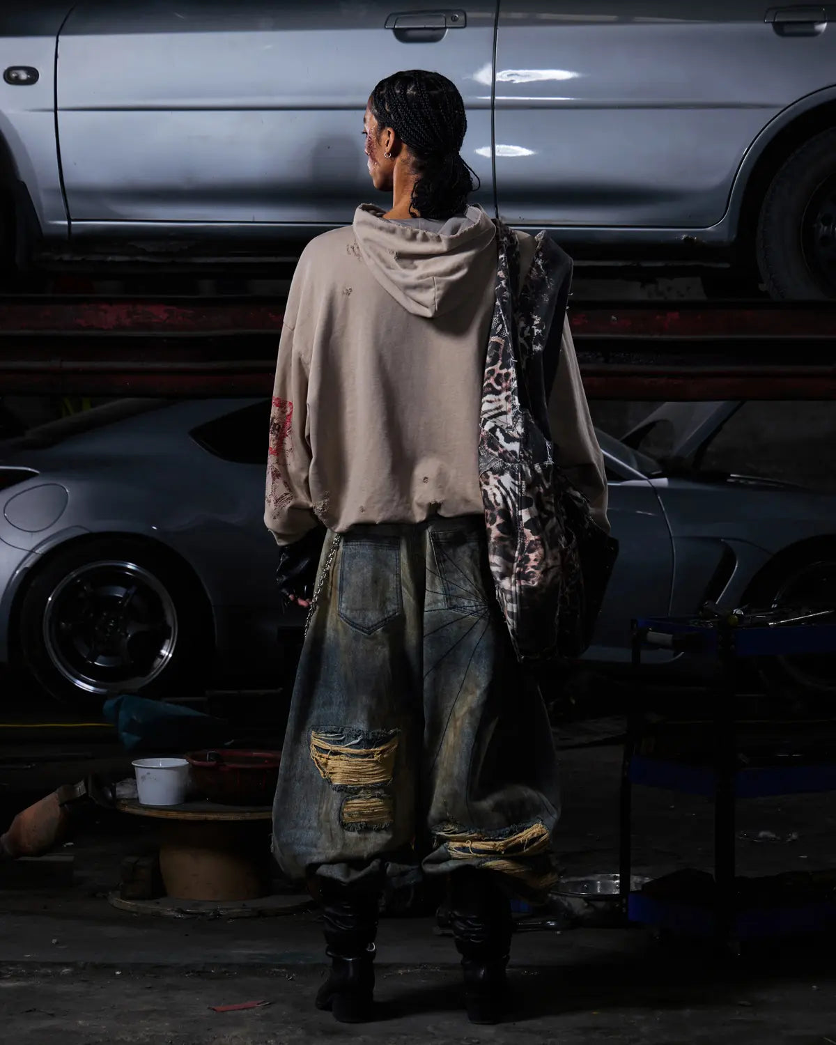 Peoplesense Racing Drift Print Distressed Curved Jeans