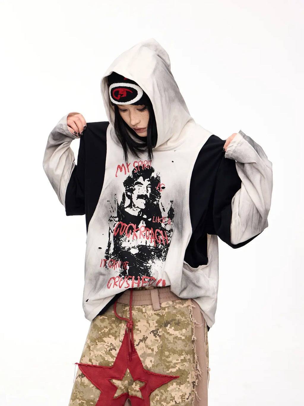Peoplesense Dirty Dyed Fake Two Piece Hooded Shirt