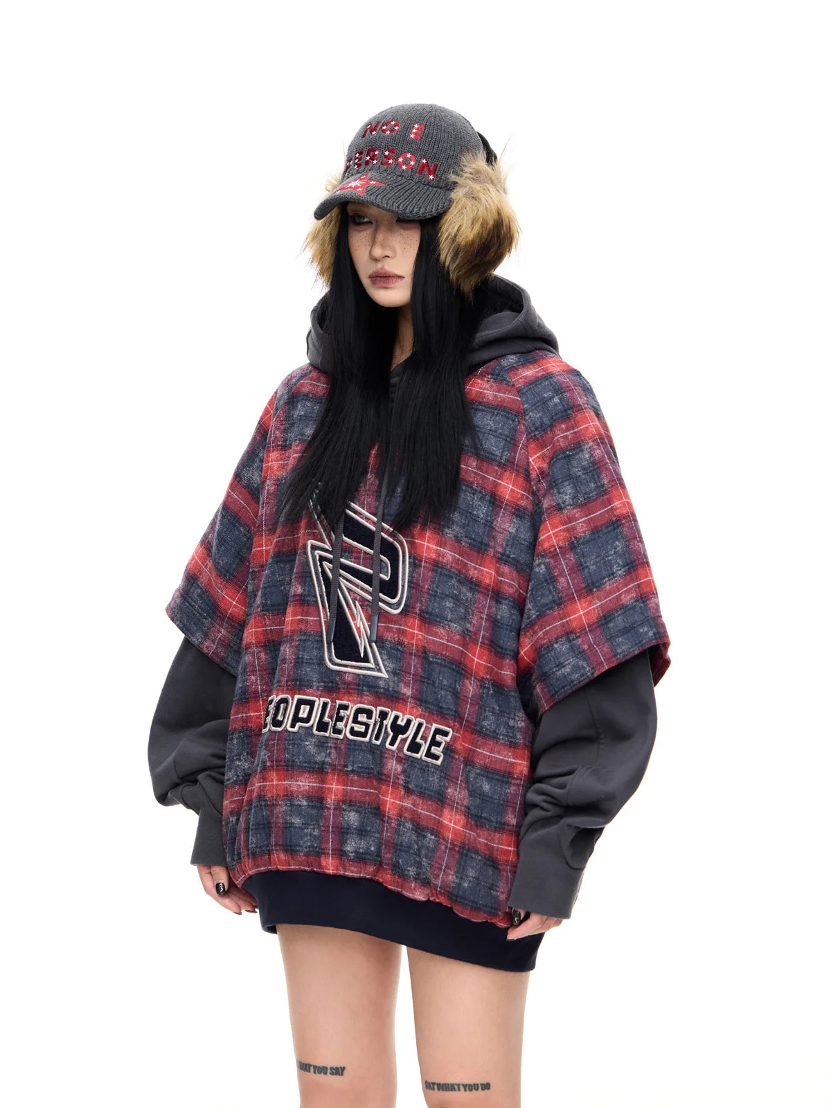 Peoplesense Detachable Checked Oversized Sweatshirt